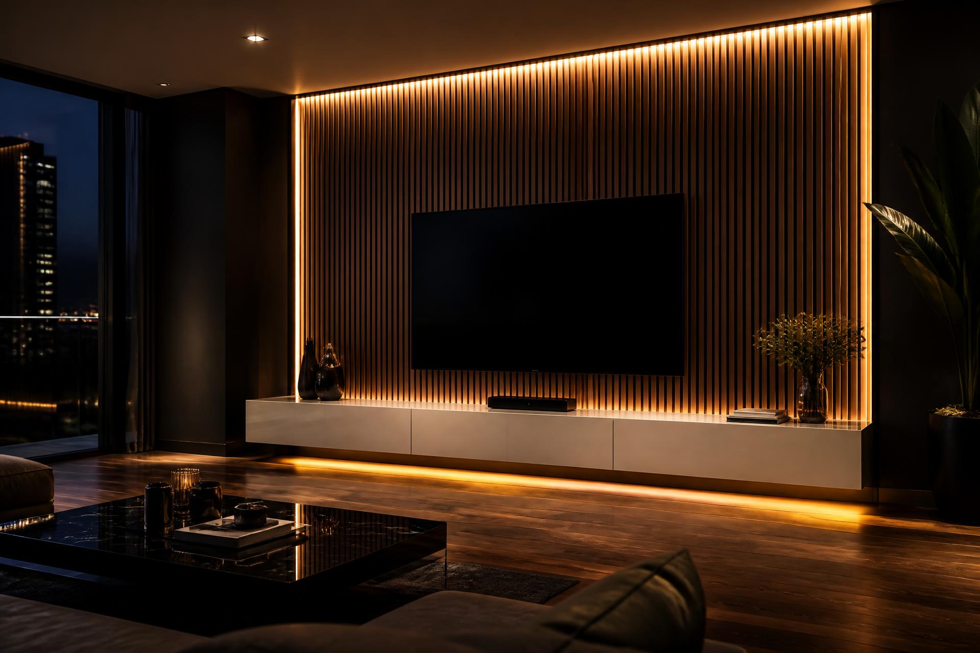 Sala de estar com painel de TV em ripado de madeira e iluminação LED dourada